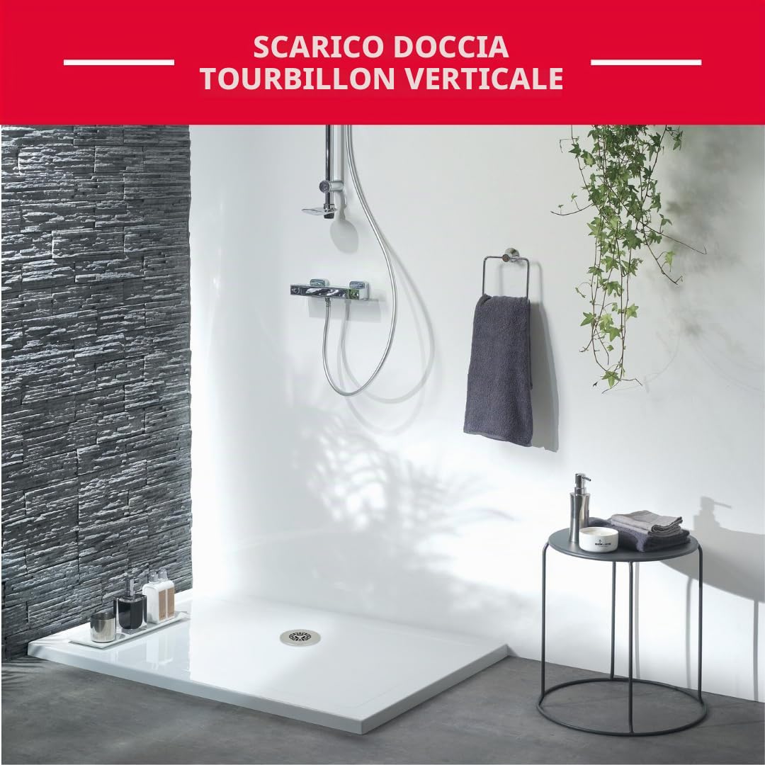 Wirquin 30723747 - Piletta per doccia Tourbillon Ø90 cromata con griglia piatta in acciaio inox e uscita verticale