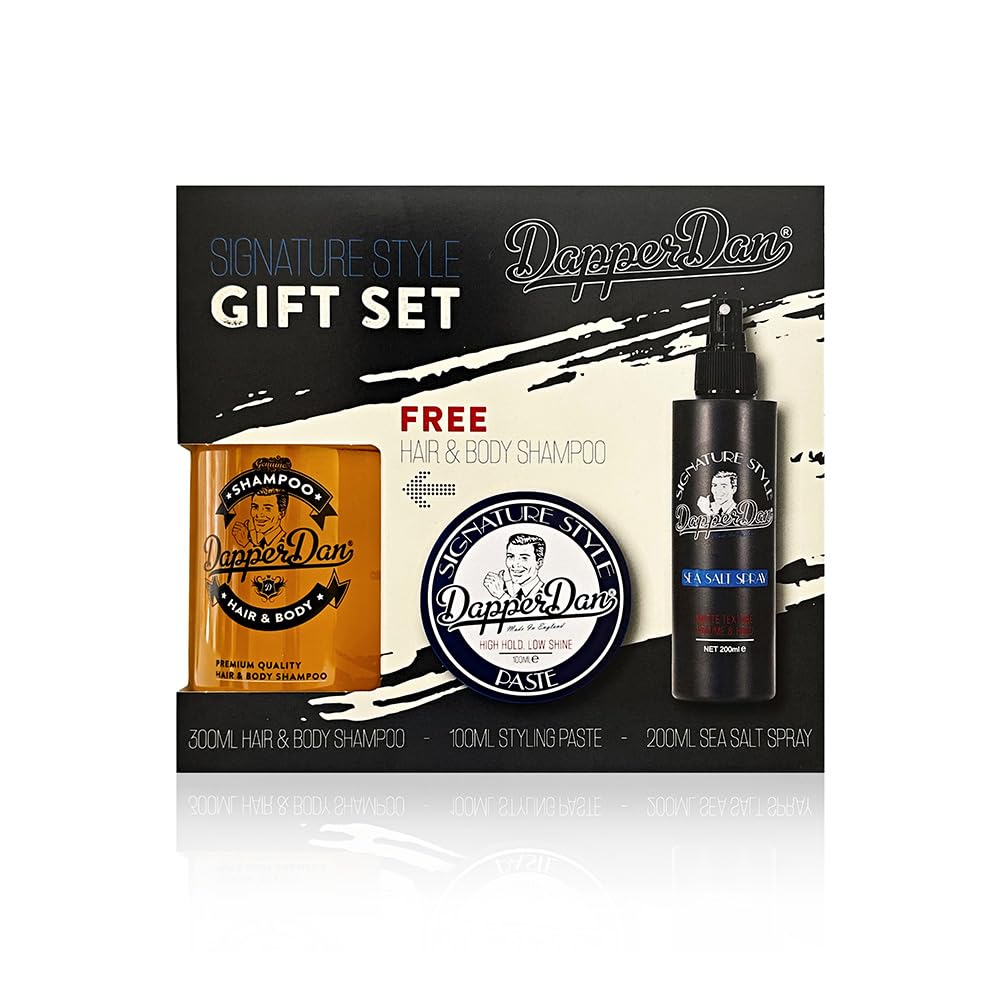 Dapper DanSignature Style Gift Set, High Hold & Low Shine Signature Style Paste 3.38 fl oz, Texturizing Signature Style Sea Salt Spray 200ml & Hair and Body Shampoo with Vitamin B5 10.14 fl oz