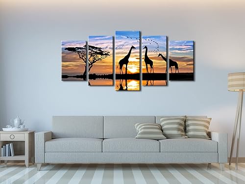 Miniatura 5 de Pyradecor 5 piezas de lienzo de paisaje africano estirado moderno, diseño de animales, puesta de sol, pinturas sobre lienzo, arte de pared para sala