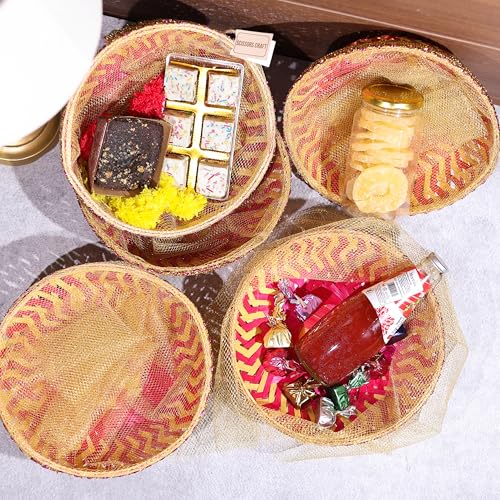 Image of SCISSORS CRAFT Handmade Colorful Net Covering Bamboo Basket For Wedding And Festival Gift Purpose (5)