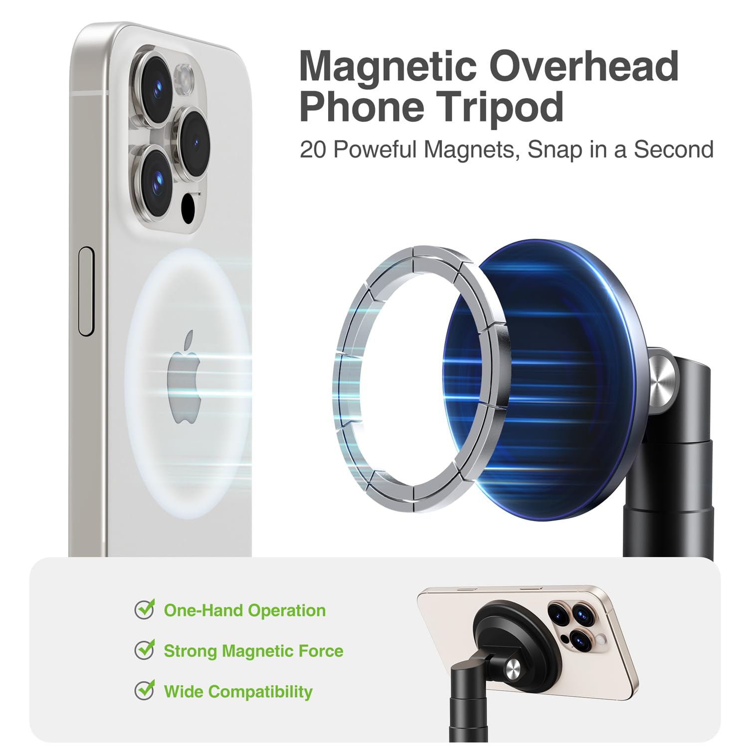 elitehood Trípode magnético para iPhone con brazo extensible de 25 pulgadas de largo, trípode horizontal alto de 59 pulgadas para grabación de video, soporte giratorio de 360° para iPhone para