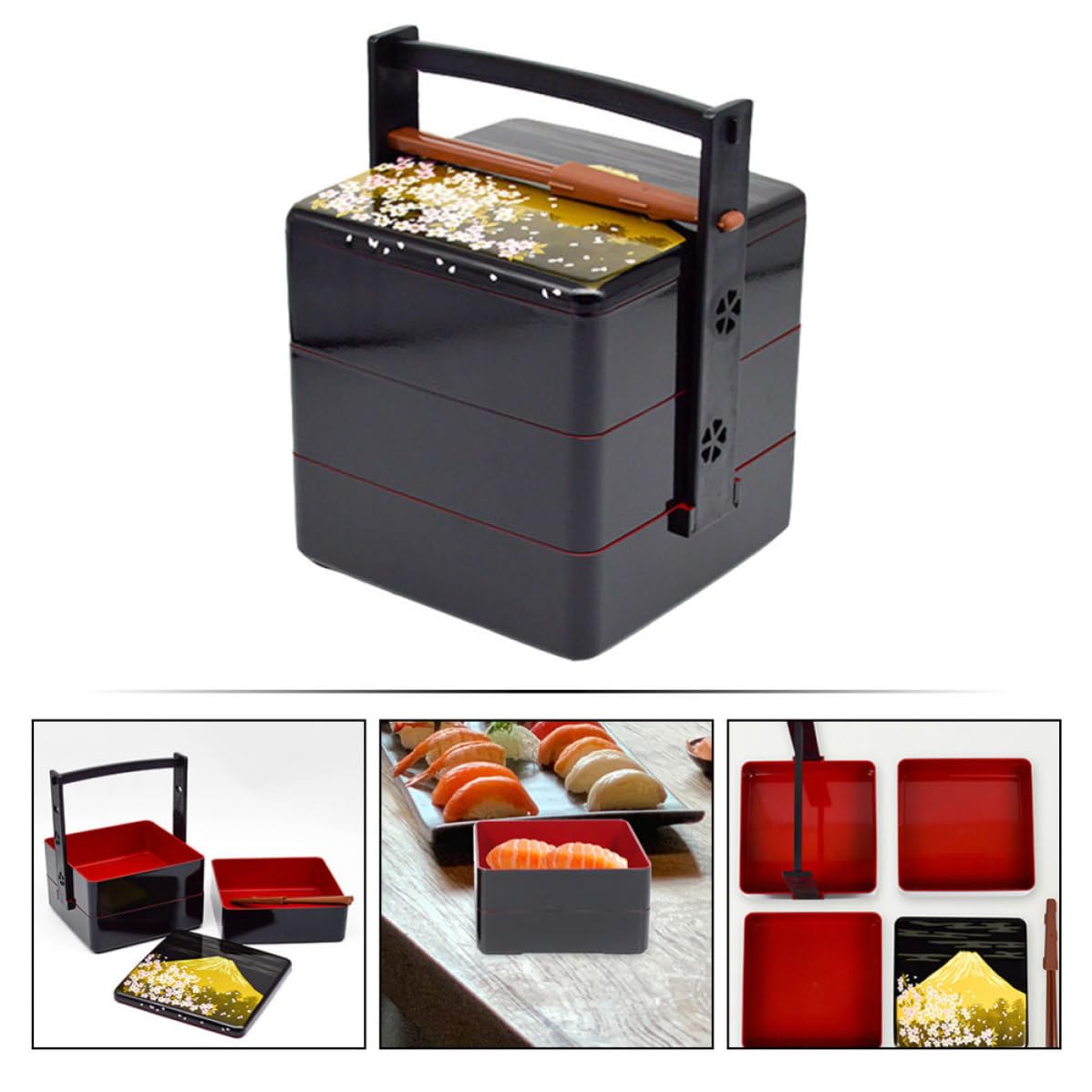 SHINEOFI Boîte à Lunch Japonaise Noire en Abs Réutilisable, Boîte à Bento Scellée à Trois Niveaux, pour Repas en Plein Air et Rangement Alimentaire Pratique