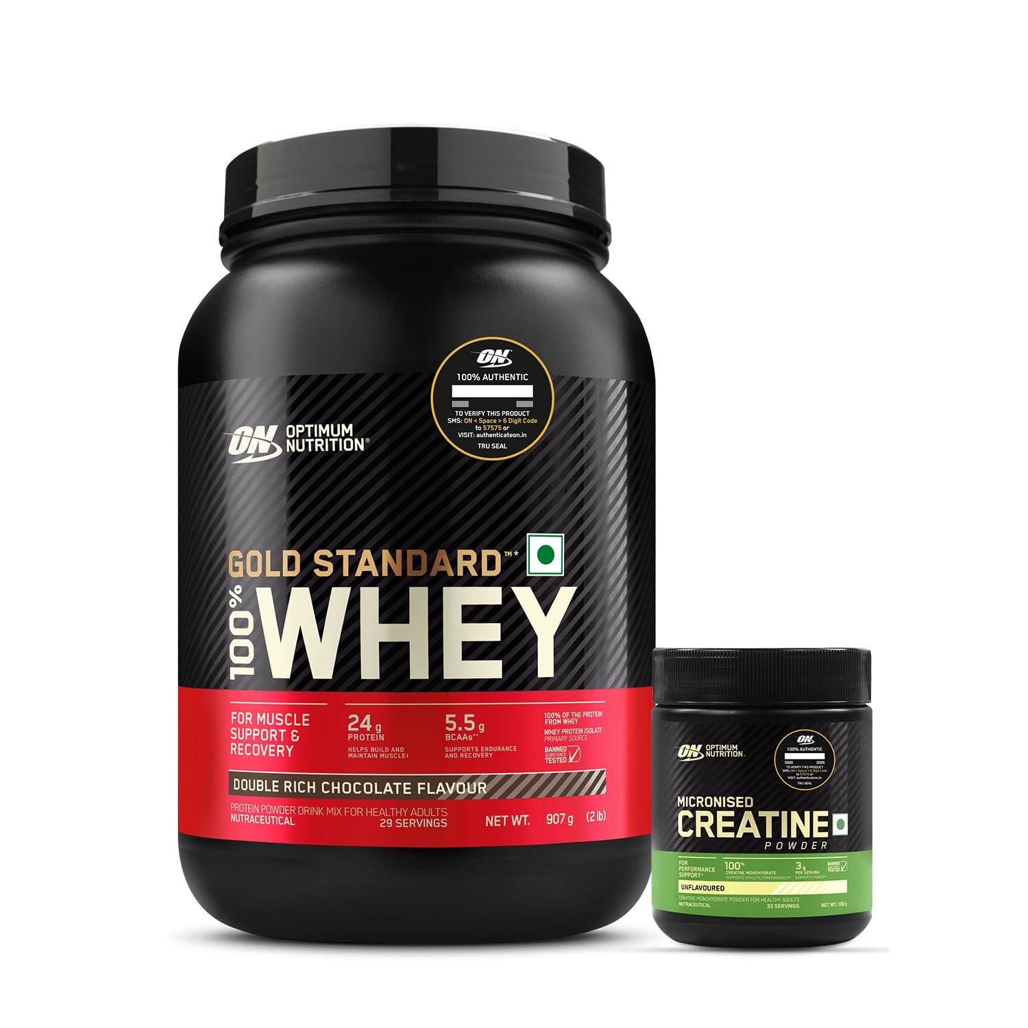 OPTIMUM NUTRITION (ON) Gold Standard 100% Whey- 2 Lbs (Double Rich Chocolate) And Creatine Micronized 100 G, 33 Serves, Unflavored, 1007 Grams, 1 Scoop