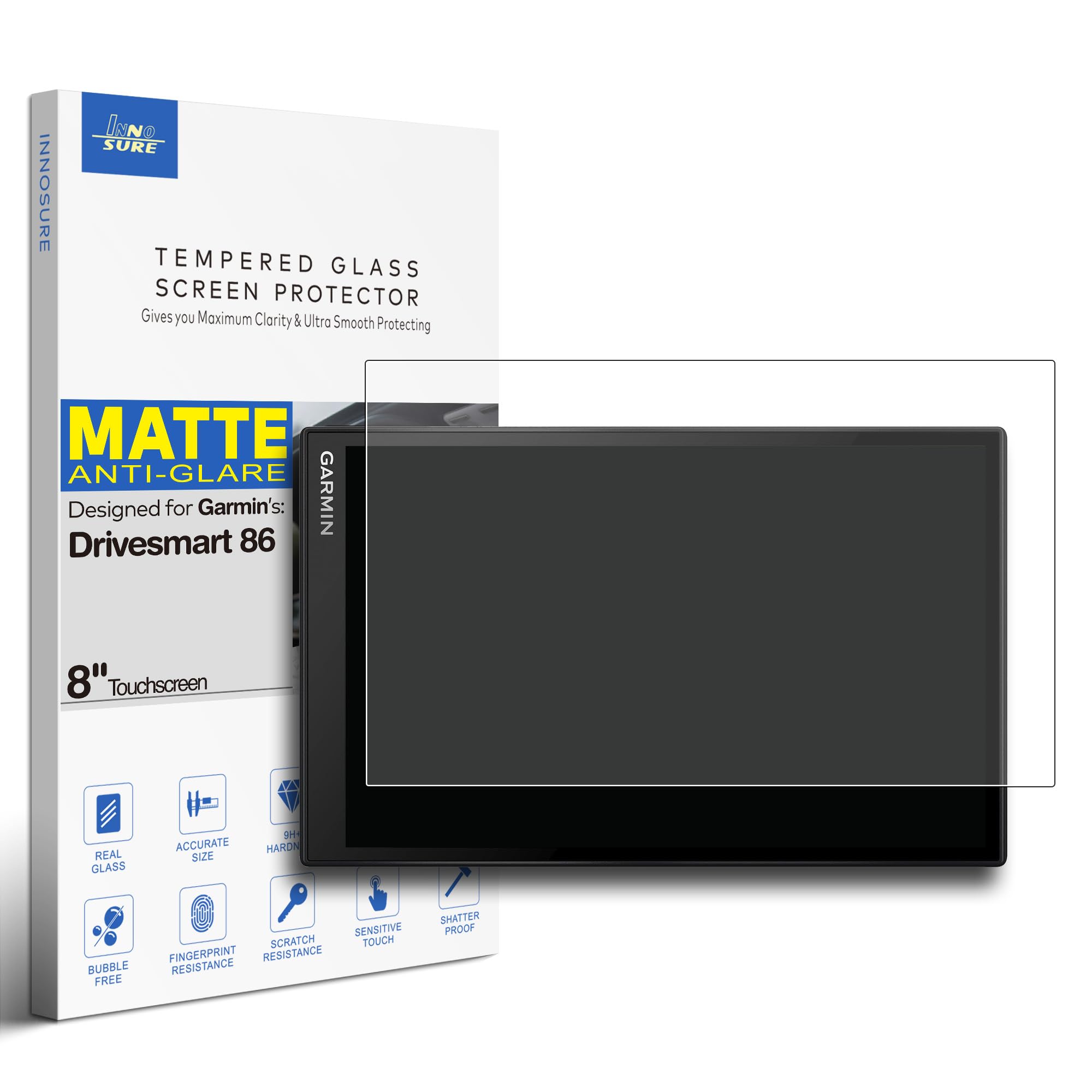 INNOSURE Premium Tempered Glass Screen Protector for Garmin Drivesmart 86 GPS Navigator 8 Inch Touchscreen Anti Glare (Matte)