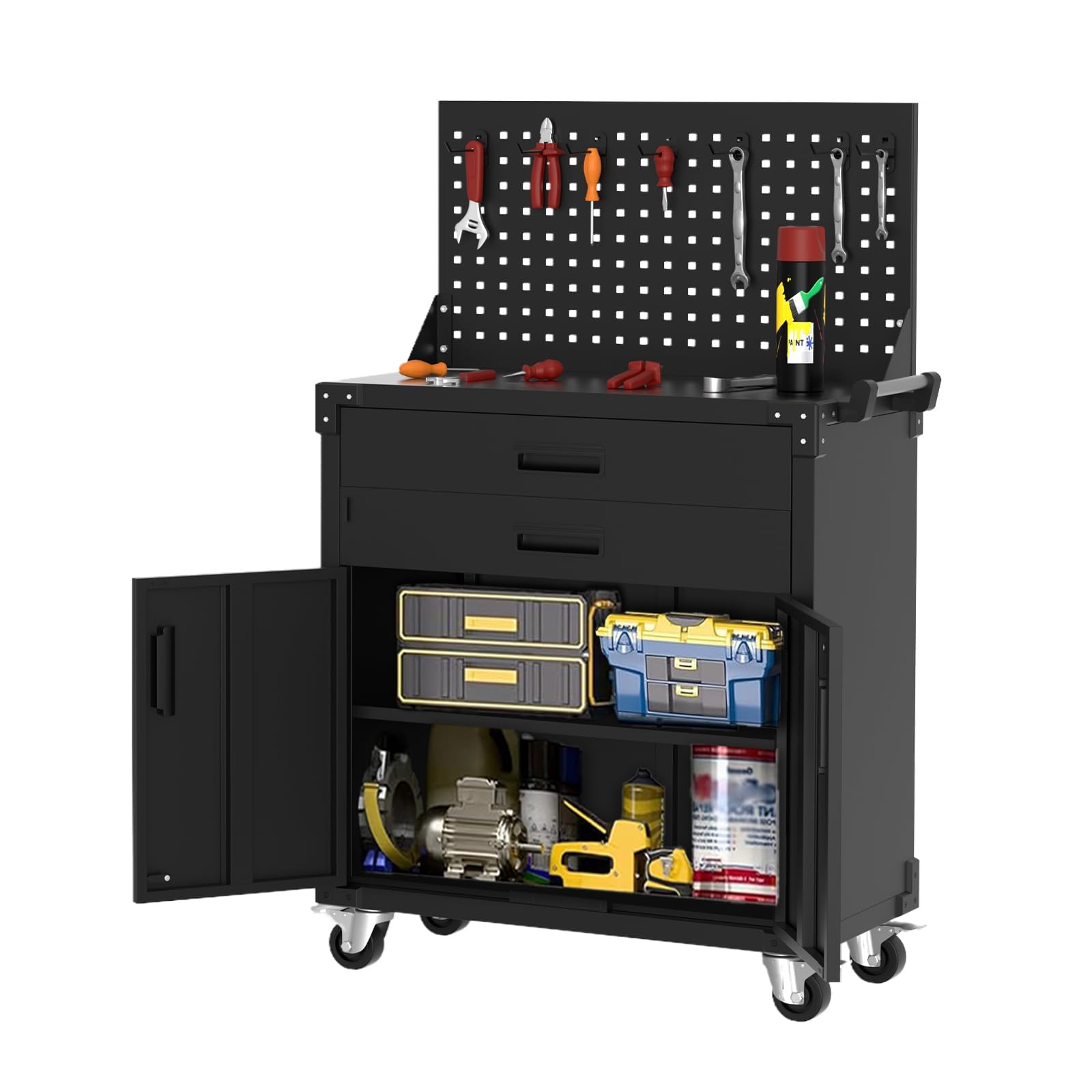 Armadietto Garage Mobile da Officina, Armadio Ufficio, 2 Cassetti Scaffali In Metallo, Pegboard, Ruote Robuste, Armadio Salvaspazio per Garage, Magazzino O Laboratorio, 80 X 42 X 90 cm