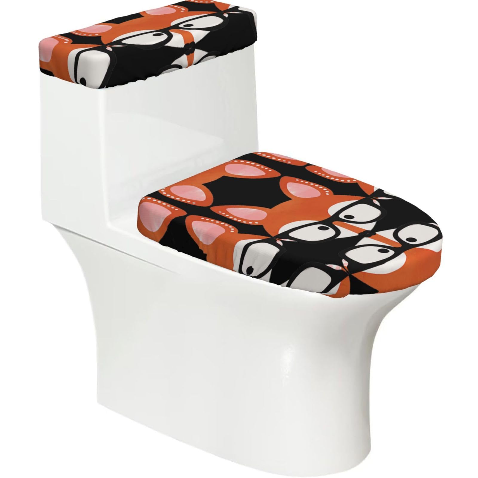 Mrowyc Black Cartoon Fox Head Printed Toilet Seat Set - Set Of 2 - Universal Toilet Seat Cover - Housewarming Birthday Christmas Gift