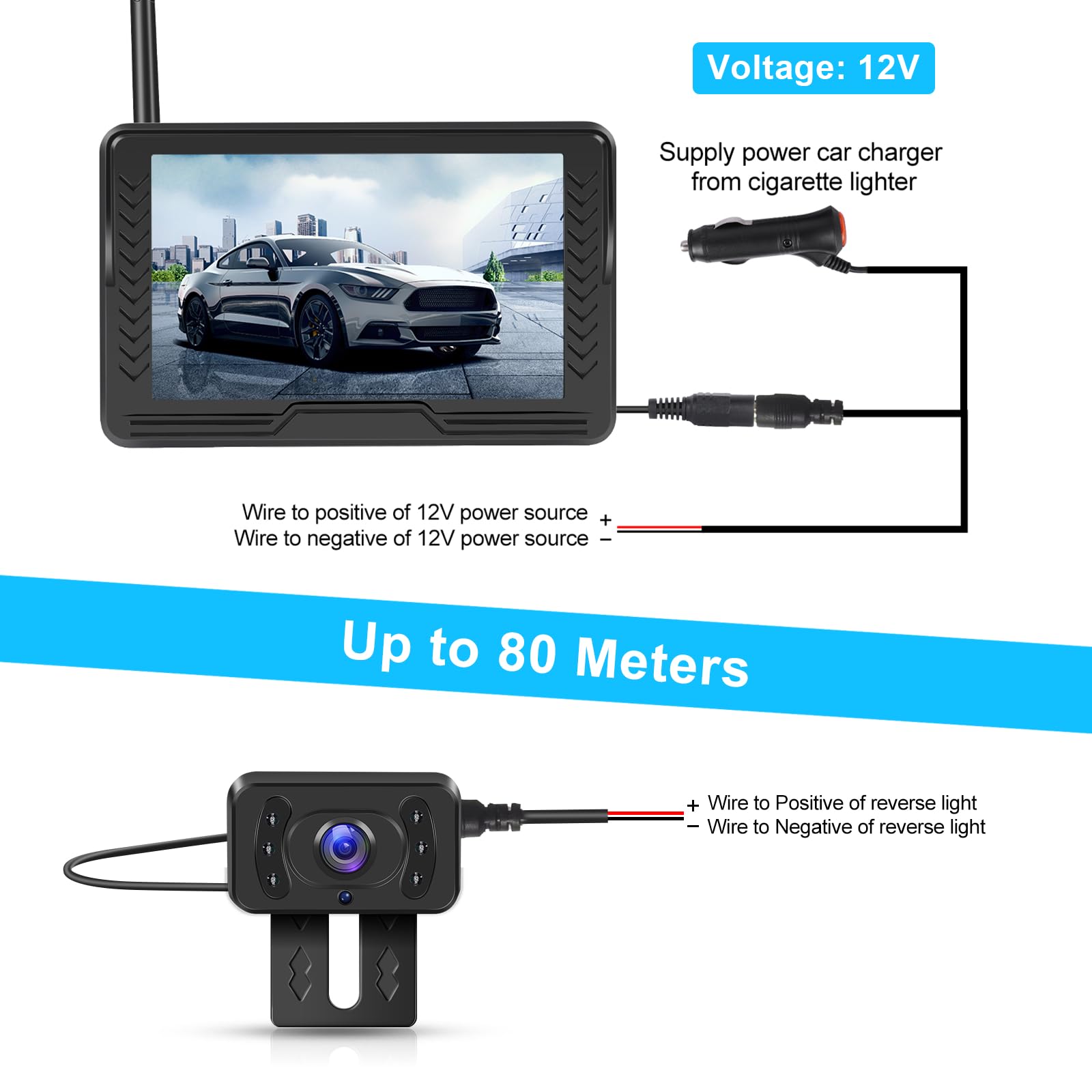 Hodozzy Cámara Marcha Atrás Digital Inalámbrica con Monitor IPS de 5 Pulgadas y Cámara AHD, Cámara Visión Trasera Inalámbrica de Visión Nocturna Impermeable IP69 Cámara Trasera 12V para Coche