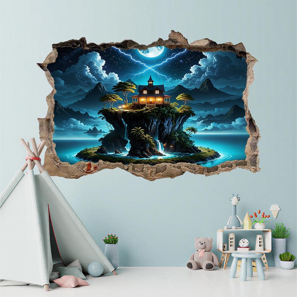 3D Durchbruch Wandtattoo Mädchen Kinderzimmer Inselhäuser Wandaufkleber Dekorative Landschaft Am Moon Mountain Lake Wandsticker für Junge Teenager Zimmer Wohnzimmer Schlafzimmer Wandbilder Deko