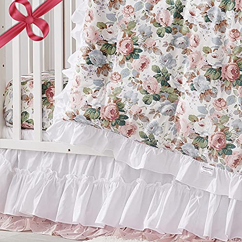 Brandream Crib Bedding Sets For Girls French Country Floral Baby Nursery Bedding Set 3 Piece Ruffled Baby Quilt, Crib Sheet, Crib Skirt - White Blush Pink Green #TOP9