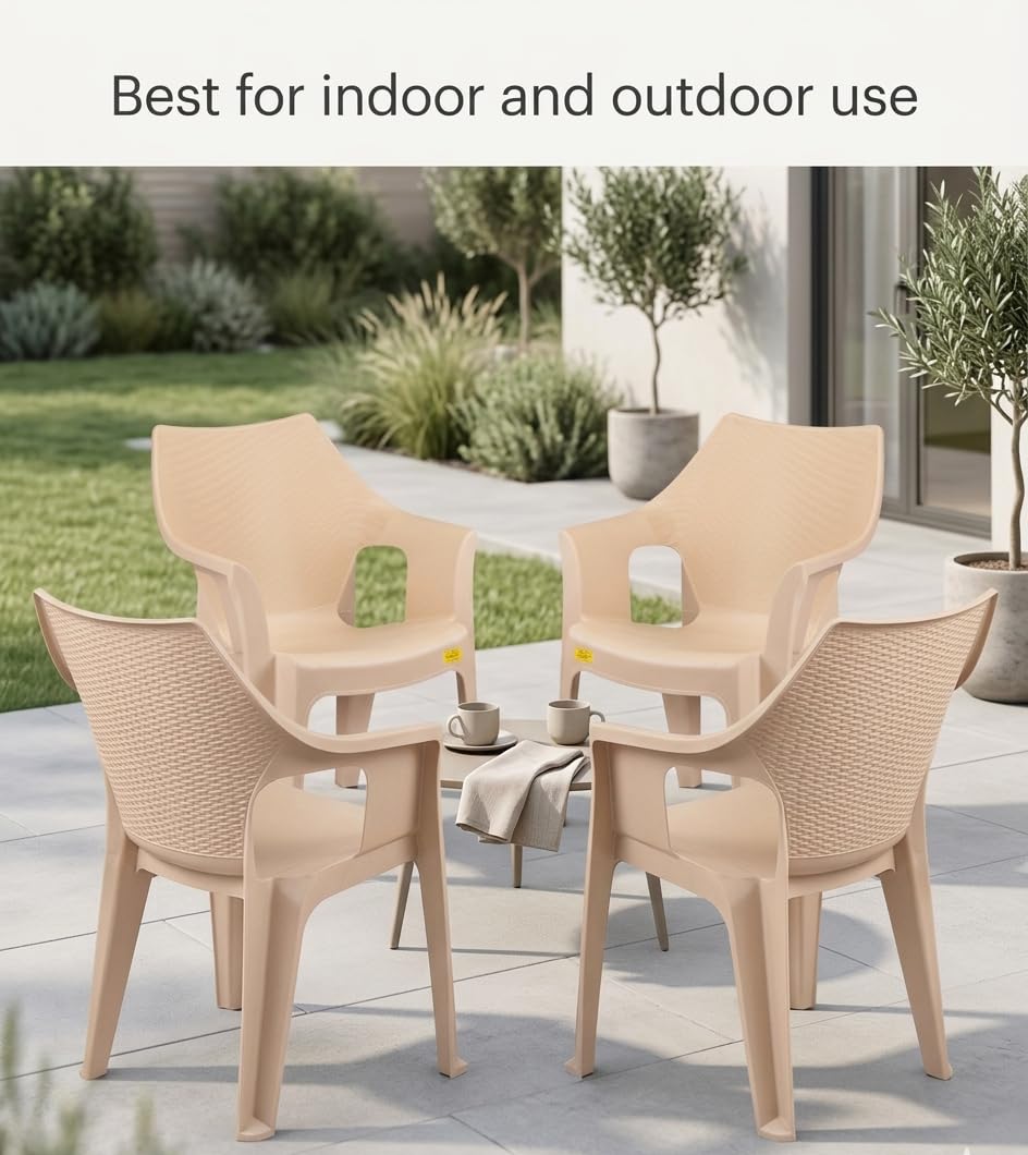 Patiofy Plastic Chair for Home & Outdoor Use | Heavy Duty Comfortable Chair with Strong Legs | Stackable, Easy to Clean | Suitable for Living Room, Balcony, Patio Pack of 4 (Oxford Cream) 1