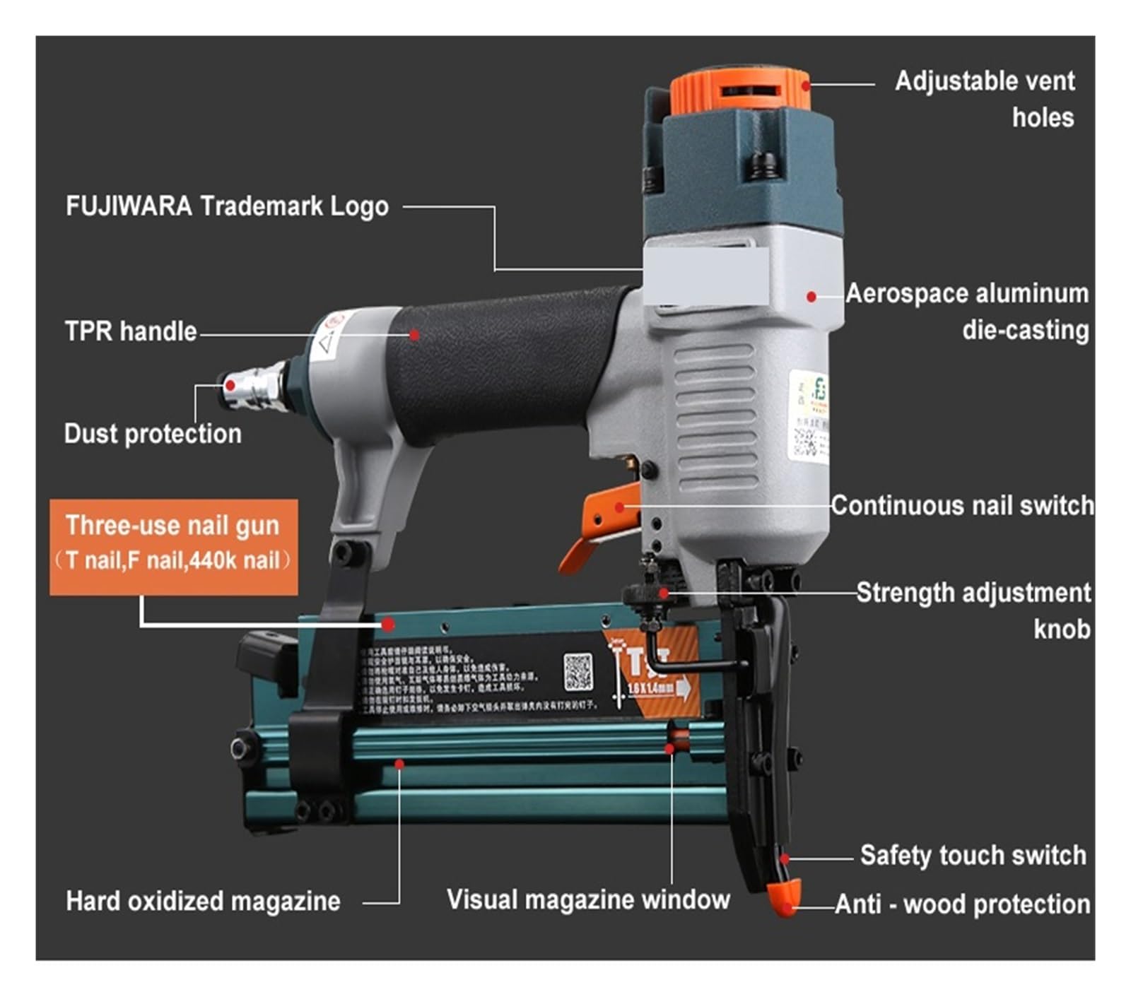 3-in-1 Carpenter pneumatyczny pistolet do gwoździ 18Ga/20Ga zszywacz pneumatyczny do obróbki drewna F10-F50, T20-T50, 440K paznokcie dekoracja stolarska