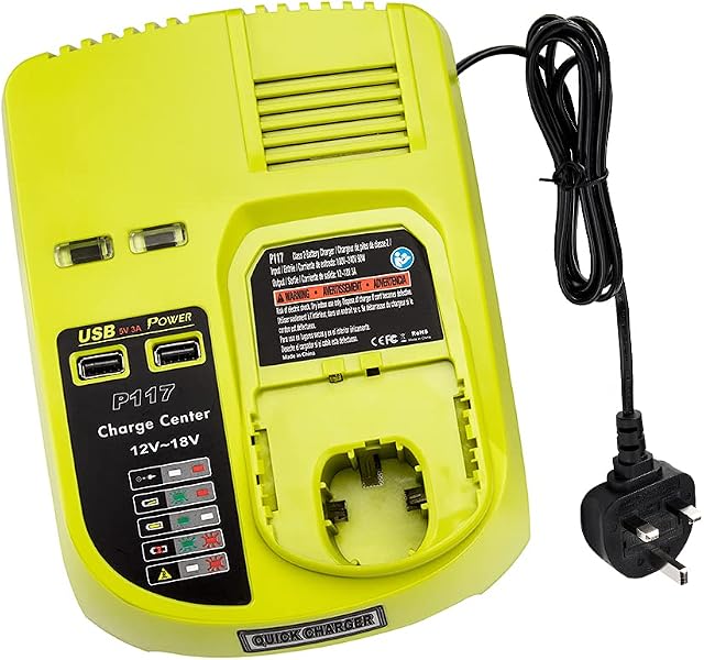 Hipoke P117 3.0A Dual Chemistry Battery Charger for Ryobi One+ Plus Rechargeable Battery Power Tool 12V 14.4V 18V Ni-Cd Ni-Mh Li-ion Battery P100 P101 P106 P104 P105 with Dual USB Port(UK Plug)