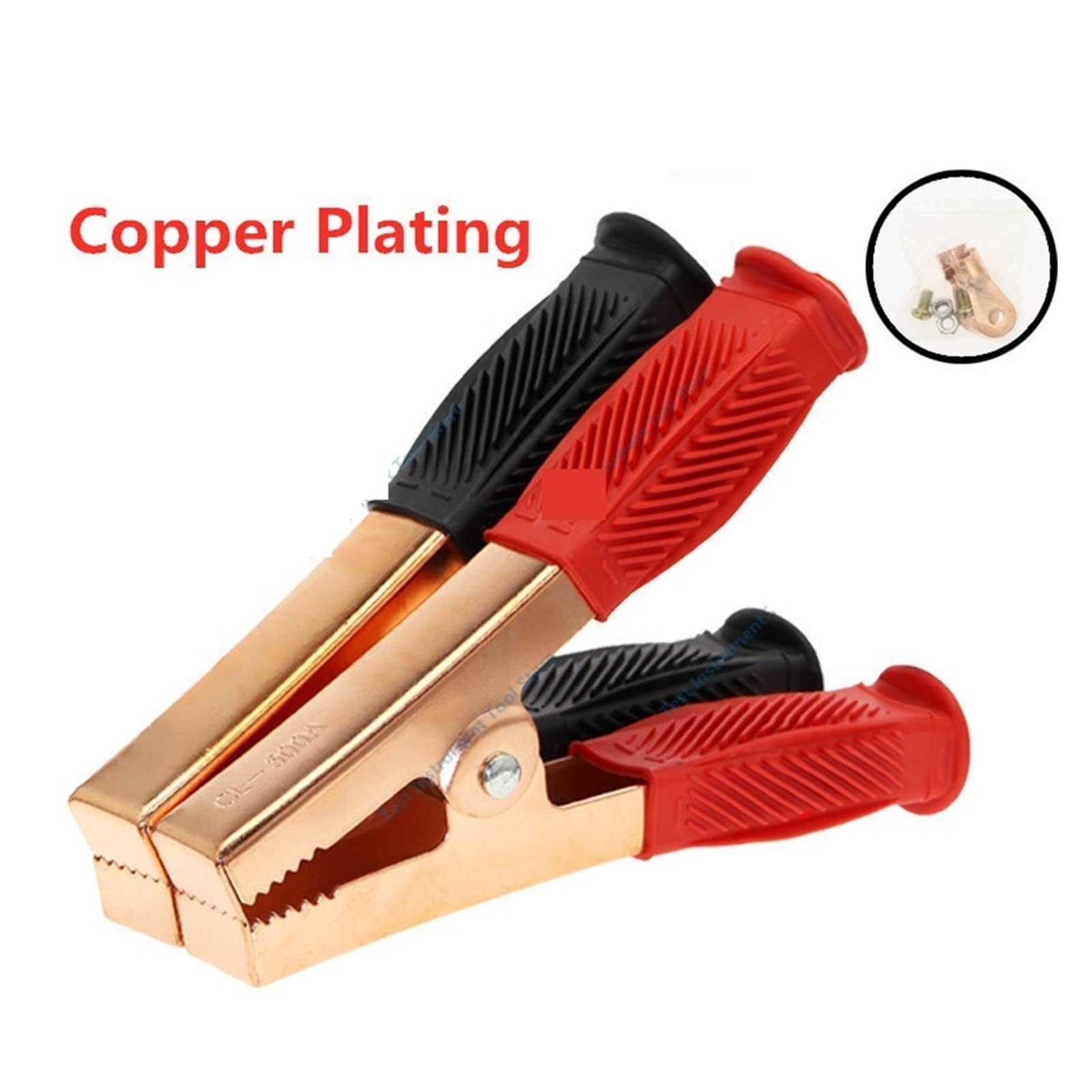 2 uds Pinzas de cocodrilo for Coche Abrazaderas for batería Clip de cocodrilo de latón 500A Rojo + Negro amablemente (Color : Pure Copper -500a)