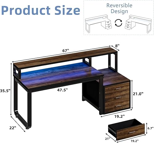 Escritorio para computadora de 67 pulgadas con cajones, escritorio negro con almacenamiento y soporte para monitor, escritorio de oficina en casa