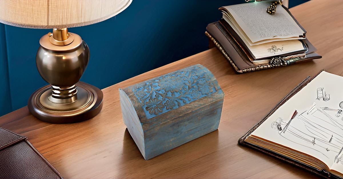 Portagioie In Legno Di Mango Fatto A Mano - Scatola Dei Ricordi Blu 22x15x15 Cm - Regalo Di Compleanno Originale E Decorazione Rustica