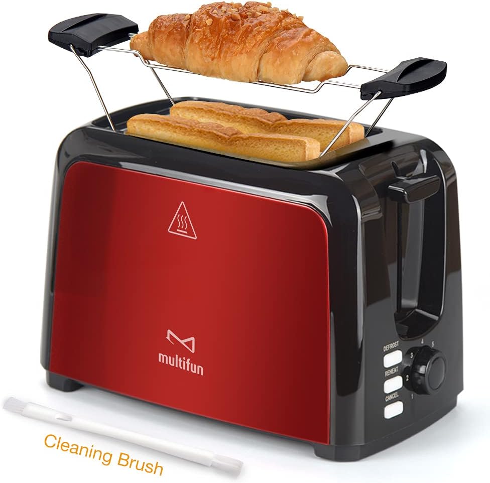 2 Slice Toaster, multifun Stainless Steel Toaster with Warm Rack, Removable Crumb Tray, 7 Bread Shade Settings, Reheat/Cancel/Defrost Function, Extra Wide Slot for Bagels, Waffle UL Certified -Red