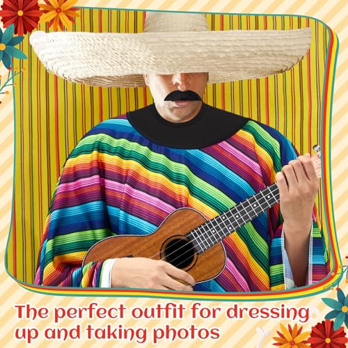 HICARER 3 Stück Karneval Mexikanischer Kostüm mit Buntem Festival Serape Poncho Western Cowboy Festliche Schnurrbart Lustige Gefälschte Zigarre für Erwachsene Herren Frau Einheitsgröße (Hell)