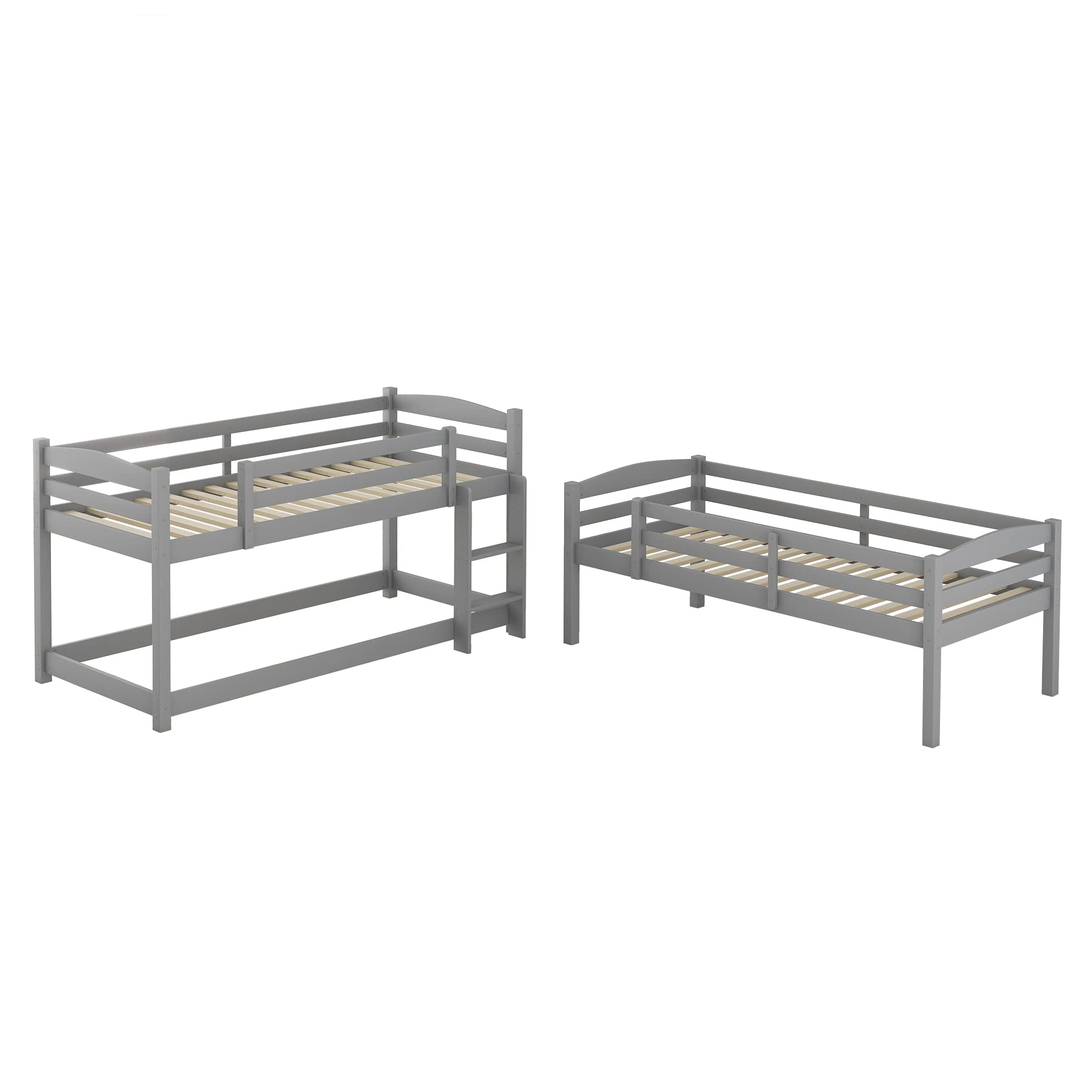 Azkoeesy Litera para 3 Niños 90x200 cm, Estructura Modular, con Somier y Barandilla de Seguridad, Madera de Pino Color Gris