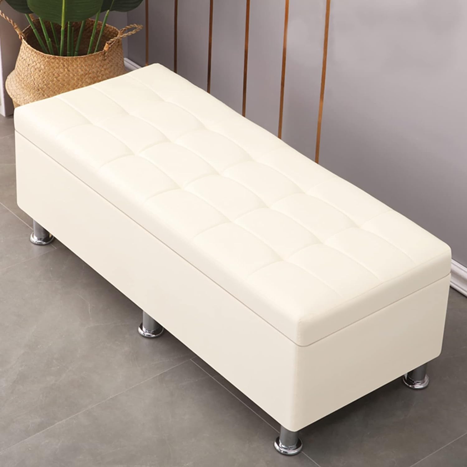 Banc de rangement avec repose-pieds et coffre secret en similicuir capitonné jaune