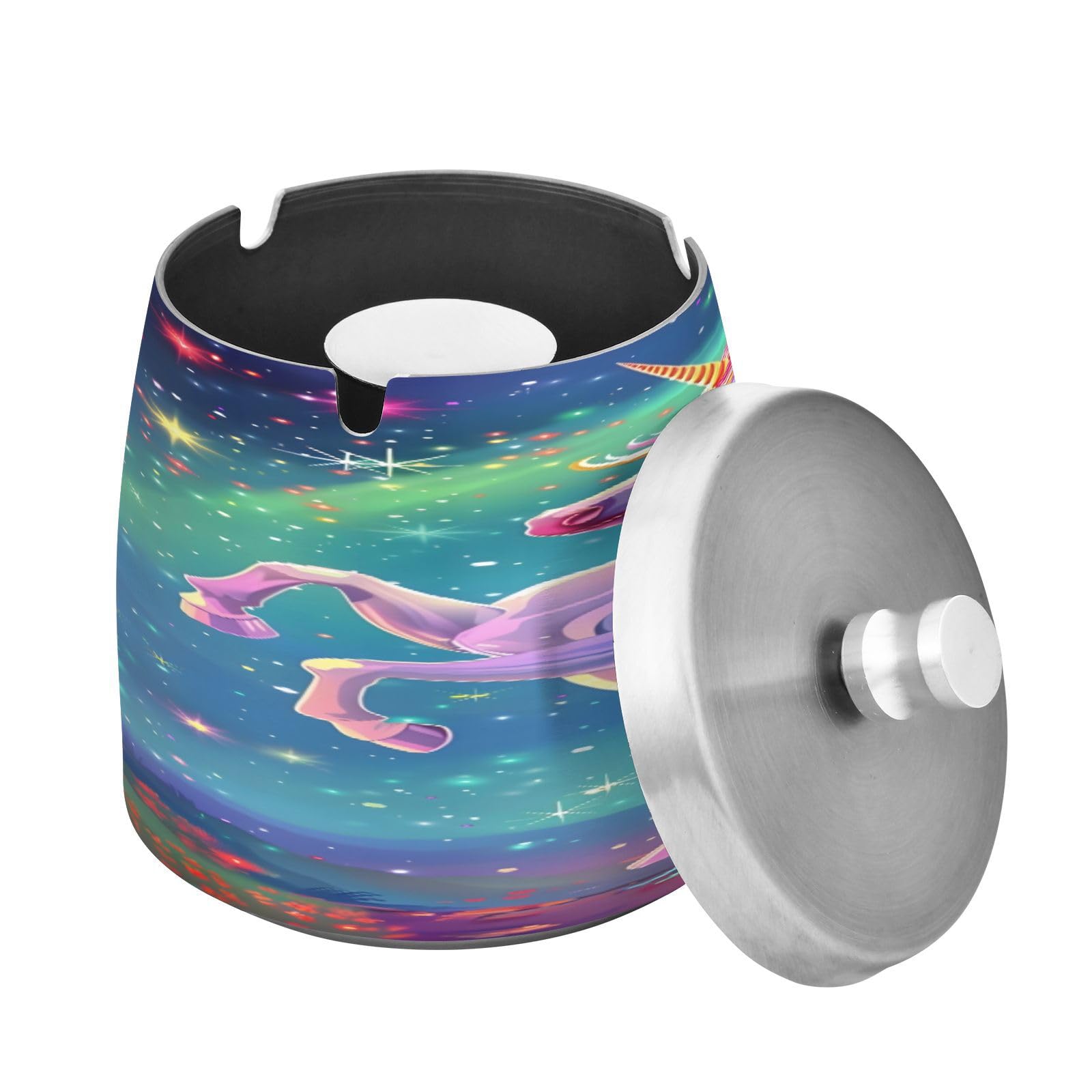 Rainbow Unicorn Ashtray with Lid, Outdoor Ashtrays for Patio, Stainless Steel Ashtray Odorless Smokeless for Home Office Balcony