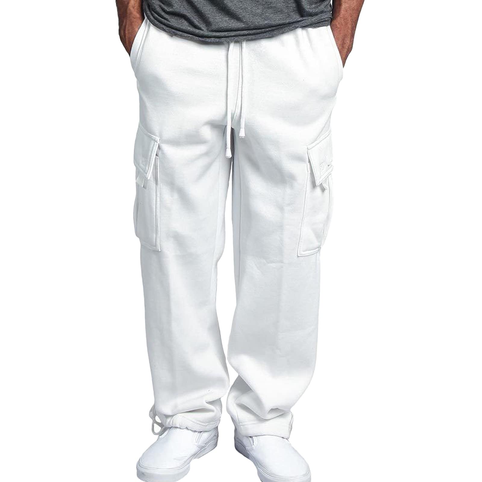 Maiyifu-GJ Men Fleece Heavyweight Cargo Pants Multi Pocket Elastic Waistband Sweatpants Solid Baggy Hip Hop Jogging Pants