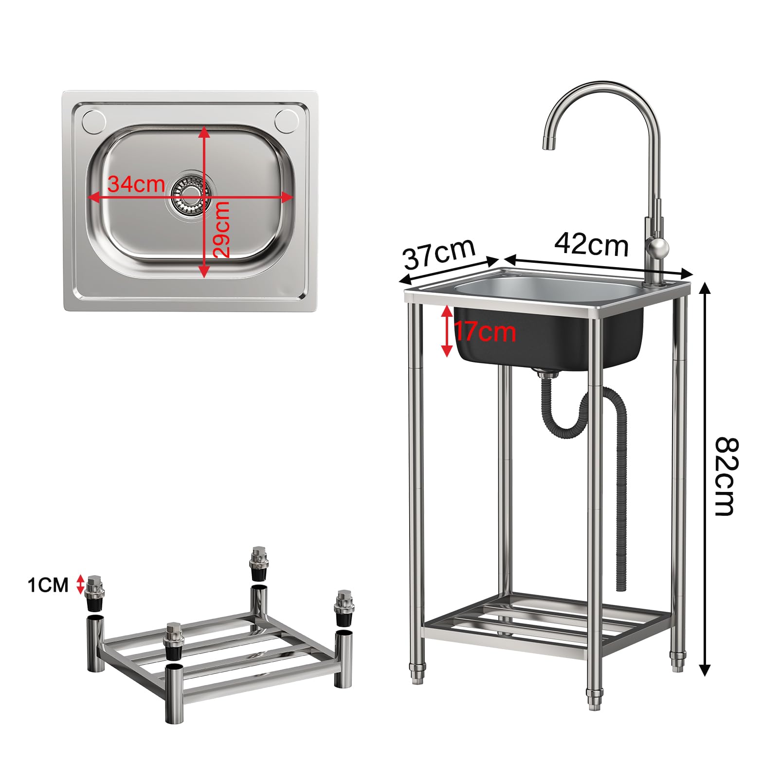 Éviers portables en acier inoxydable, évier de cuisine, évier de traiteur, évier d'extérieur sur pied unique avec robinet et drain, évier utilitaire pour garage, buanderie, restaurant