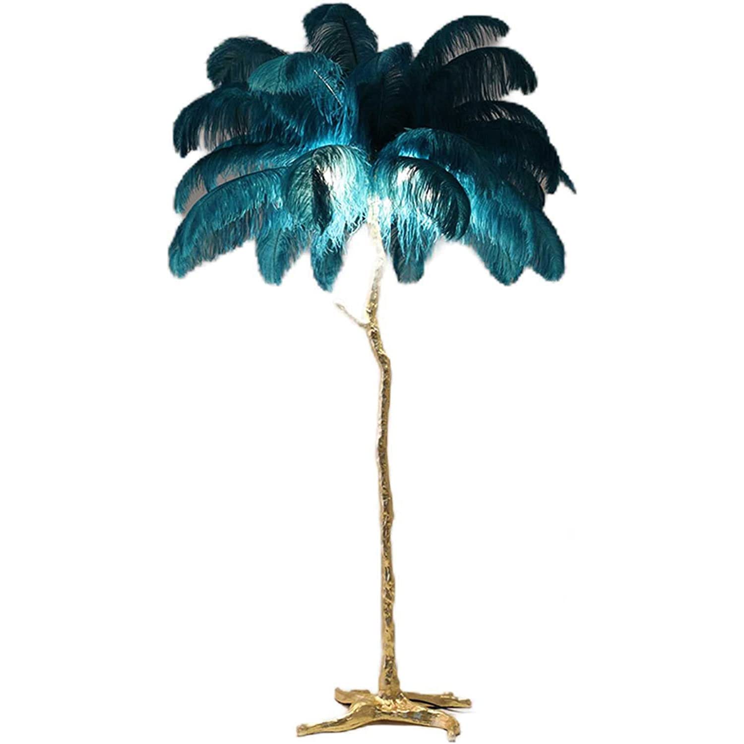 Psfghvz Natural Ostrich Feather Floor Lamp, Resin Feather Standing Lamp, Simple Modern Bedroom and Living Room Standing Lamp, Golden Lamp Body, Dimmable with E14 LED Bulb, Blue, 170cm