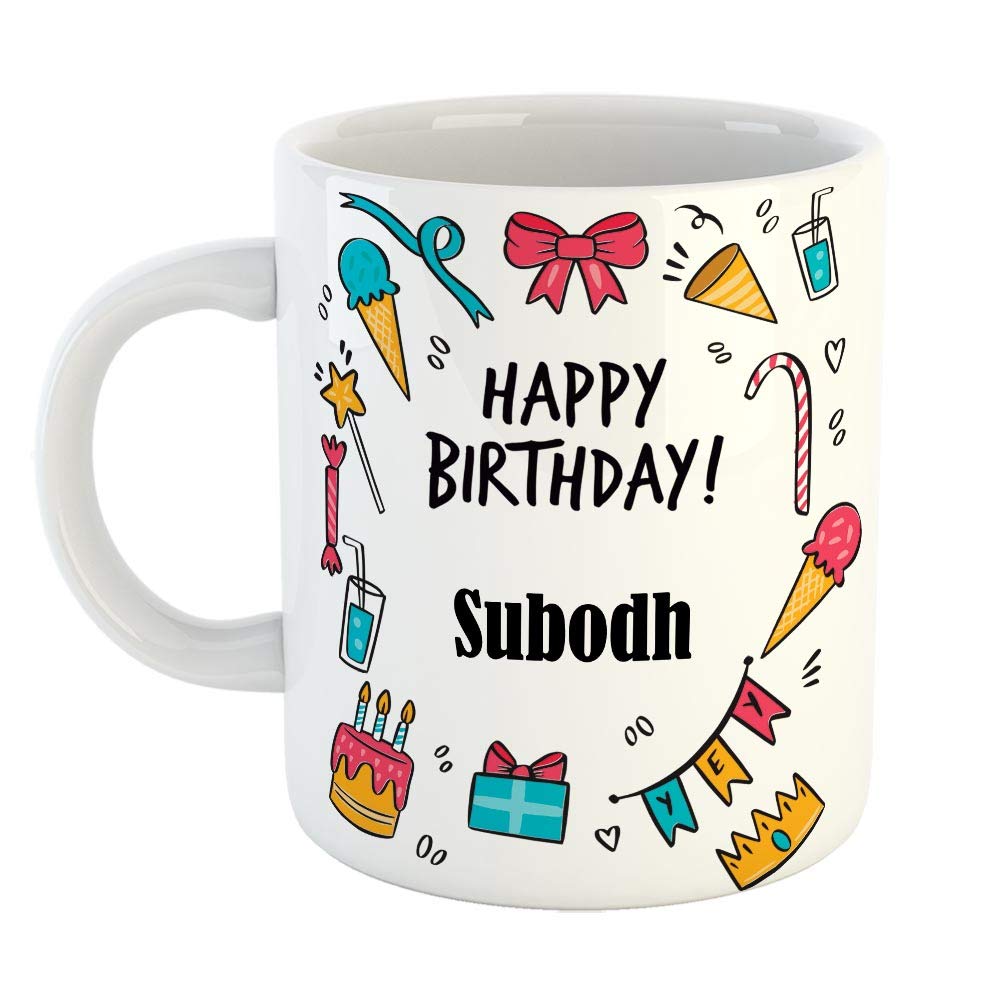 FurnishFantasy Ceramic Coffee Mug - Best Gift for Happy Birthday Mug , Color - White, Name - Subodh