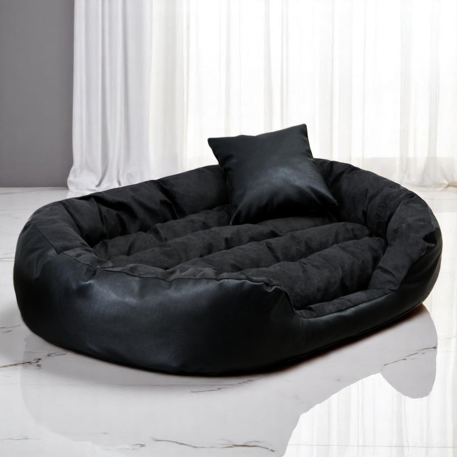 tierlando® Philip VIP Hundebett aus edlem Velours-Kunstleder-Mix mit bequemer Wendematratze, pflegeleichtem Bezug und Stabiler Polsterung Größe: 110x80cm | Farbe: 03 Schwarz