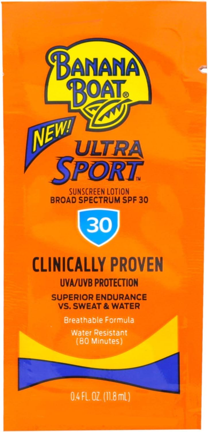 Banana Boat Sport Sunscreen, SPF 30 Protection lotion, Travel Packets, 0.4 Fl Oz (Pack of 24)