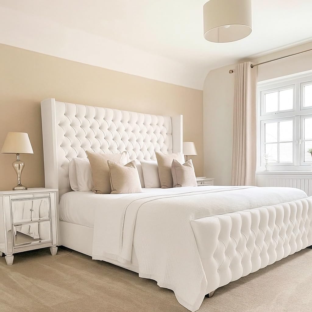 Bespoke Chesterfield Chelsea Wing Bed Frame - UK made - Single/Double/King/Super King Size Plush Velvet Fabric Upholstered (White Plush, Single 3ft)