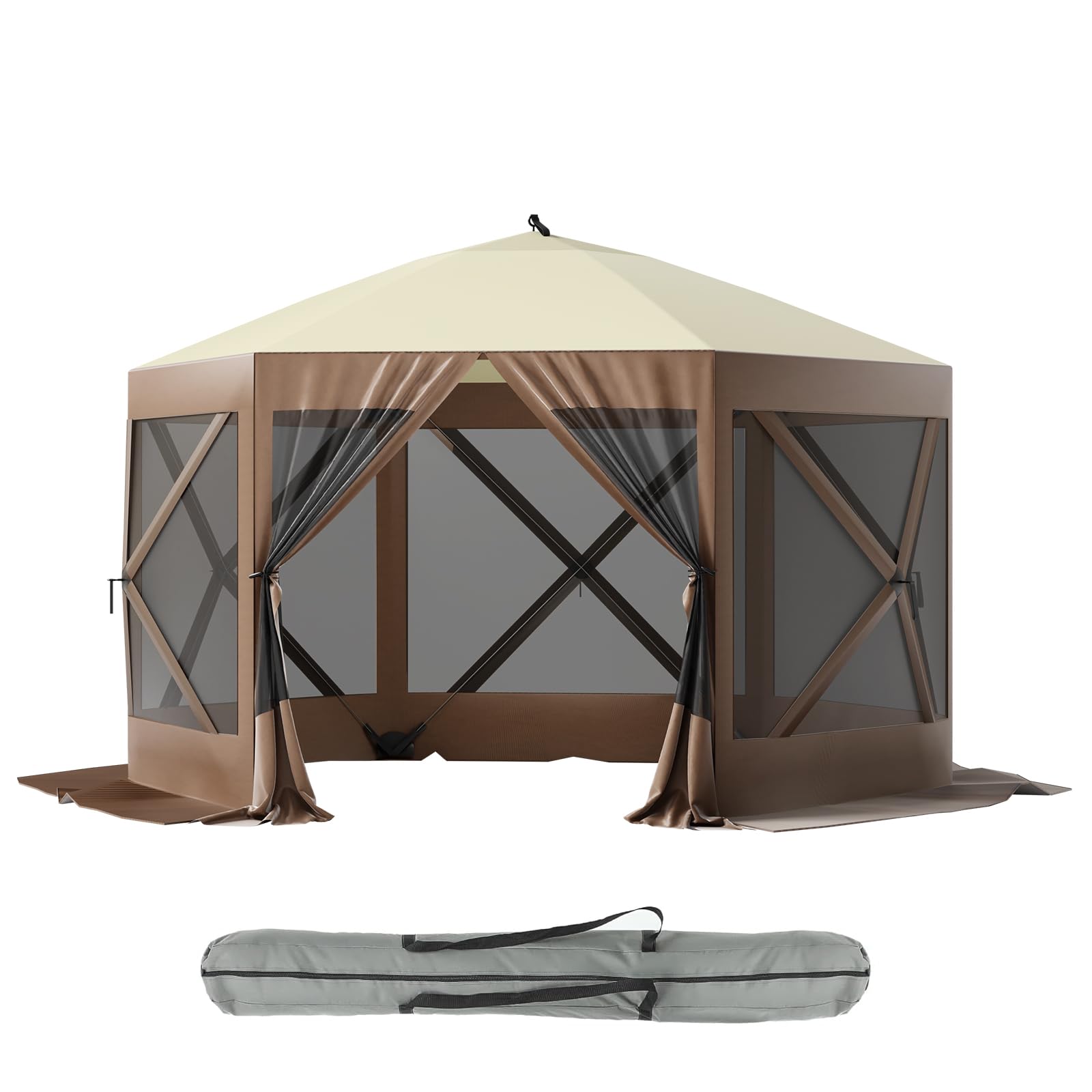 12x12ft Gazebo Screen Tent, Outdoor Camping Screen Shelter with Portable Carry Bag, Fiber Poles, Guy Rope, and Ground Pegs, for Patio, Lawn, Backyard, Brown+Beige