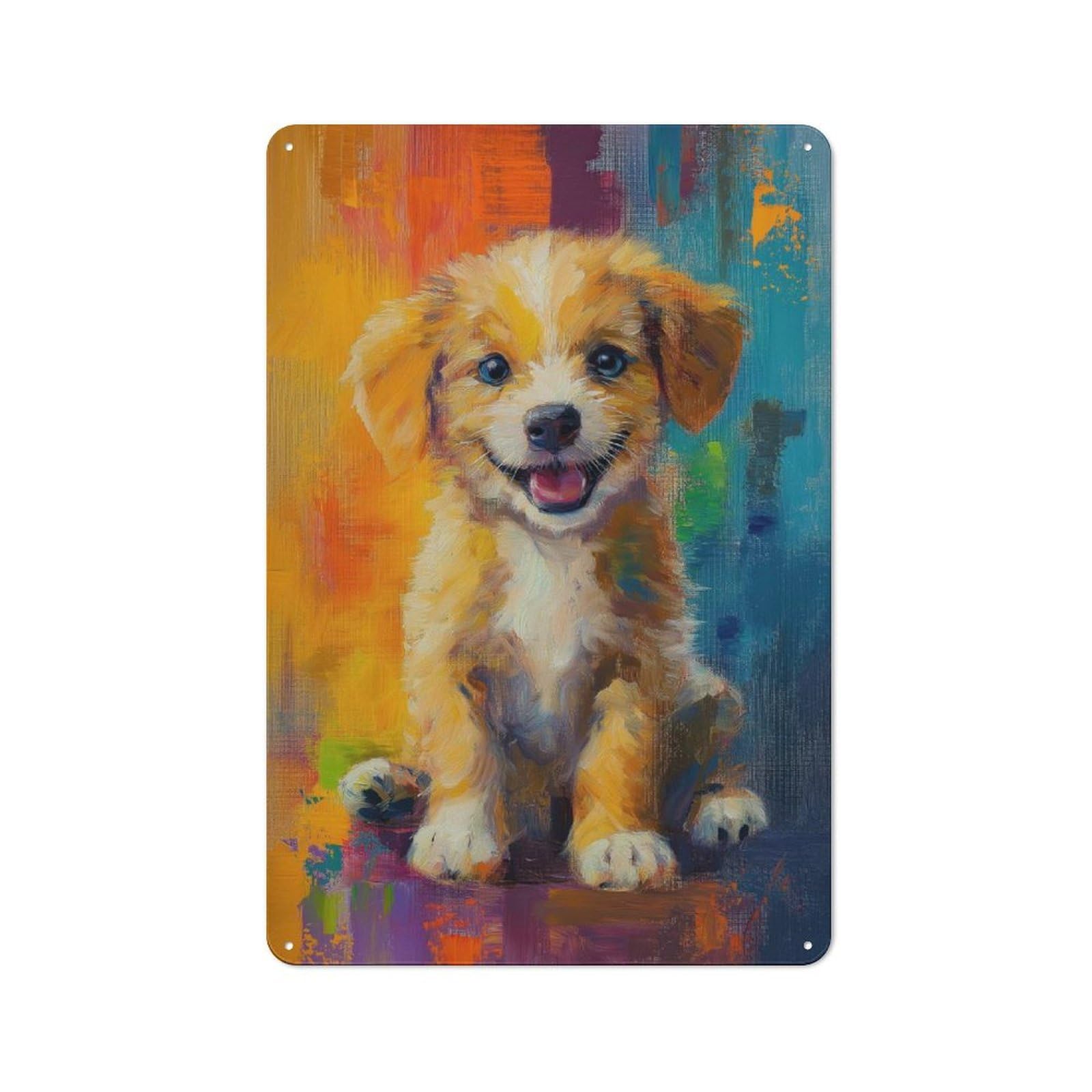 Junmoney Style-15 Tin Wall Plaque 30X20cm With Smiling Puppy Painting For Home Office Or Studio, For Garage, Workshop And Man Cave Decoration