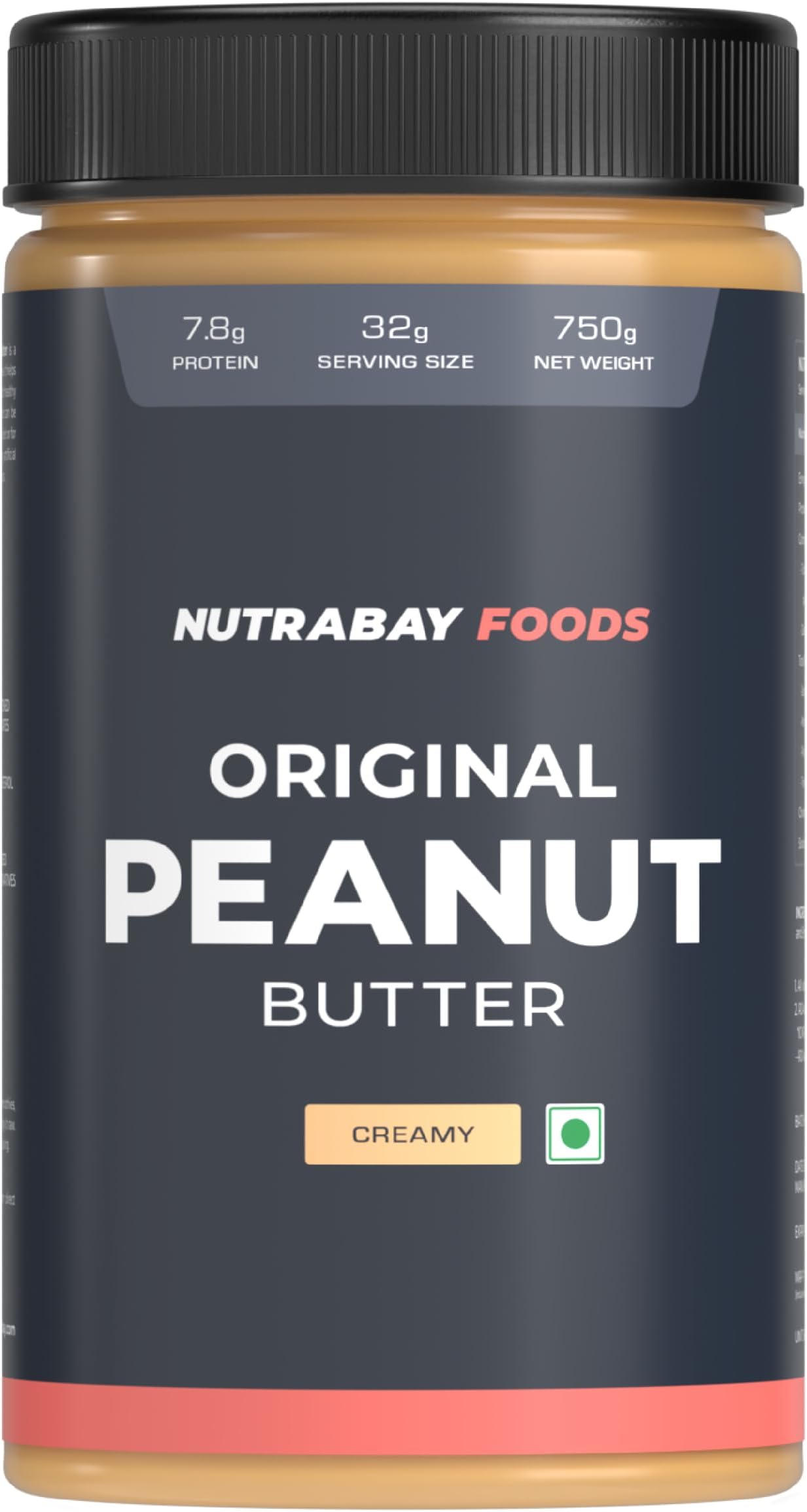 Nutrabay Foods Original Peanut Butter (Creamy) - 750g | 100% Roasted Peanuts, 28g Protein, Zero Cholesterol, Vegan, Gluten Free, Non GMO