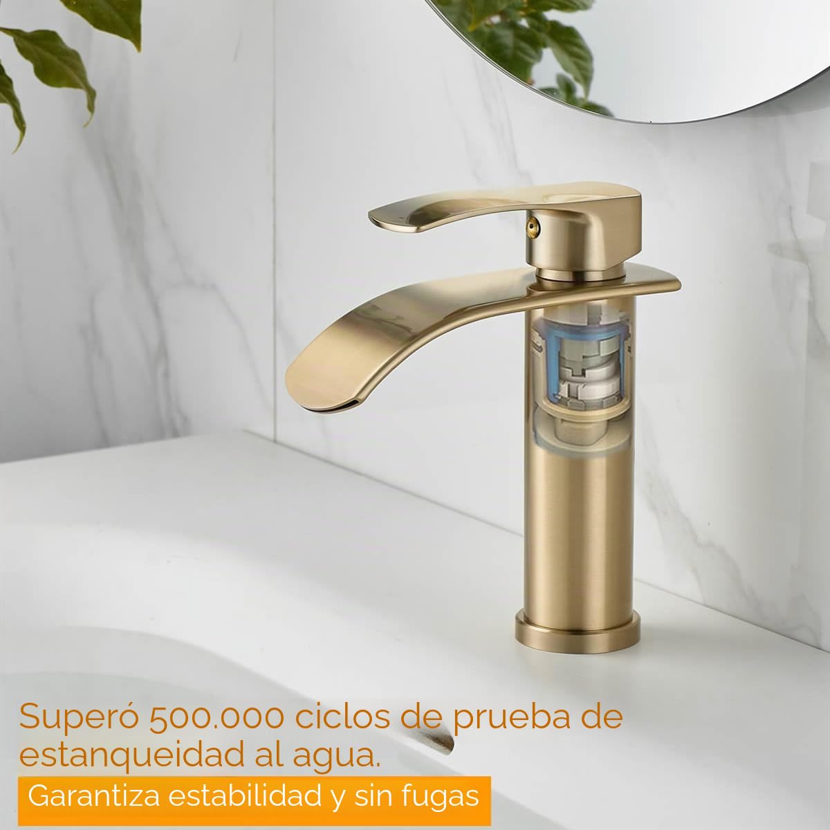Beelee Grifo monomando de cascada de un orificio para lavabo con conexión de agua fría y caliente G3/8", oro cepillado, grifo moderno para lavabo de baño