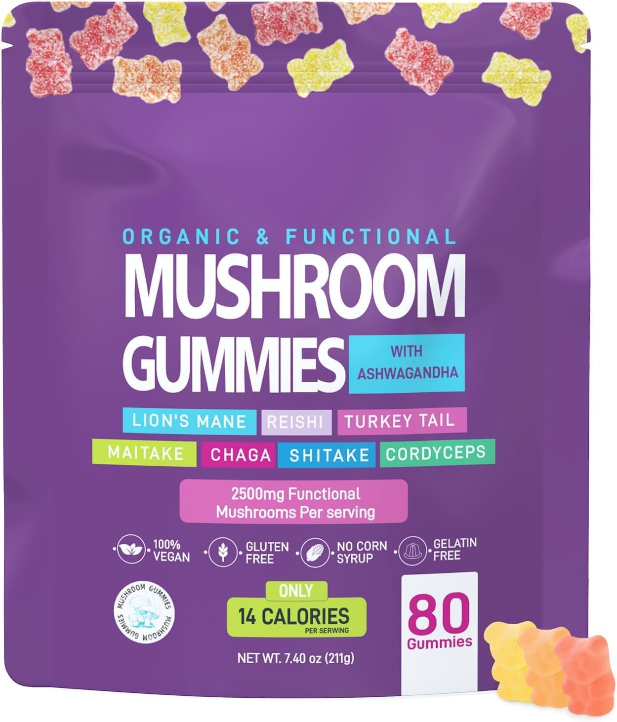 Mushroom Gummies, KSM 66 Ashwagandha & Lion’s Mane Supplement Gummies, Kracht En Cognitieve Ondersteuning Voor Mannen En Vrouwen,1 pcs