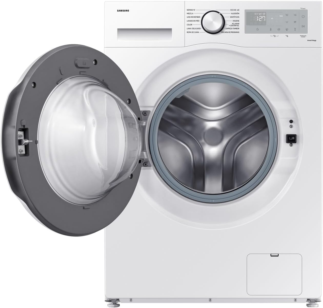 Ön view of the Samsung WW90CGC04DTH washing machine with the door open