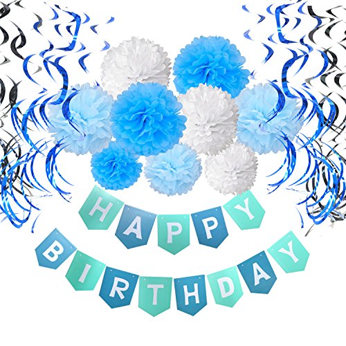 Birthday Decorations, Cocodeko Happy Birthday Banner Bunting With Tissue Paper Pom Poms And Hanging Swirl Decor For Birthday Party Decorations - Blue, Sky Blue And White #TOP10