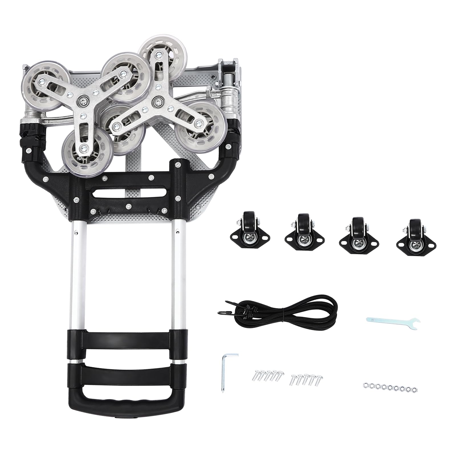 Carrello pieghevole fino a 70 kg, manico estensibile 67 – 106 cm, carrello per scale con 6 ruote in gomma, quattro ruote girevoli a 360°, carrello in alluminio