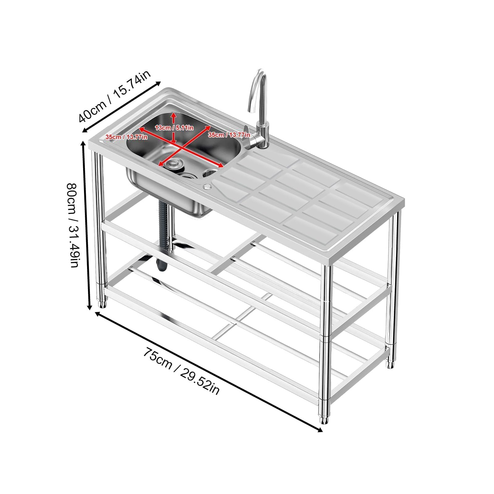 Bostar Fregadero de Cocina Independiente de Acero Inoxidable 75x40x80cm, Lavadero de Un Seno para Agua Fría/Caliente, Mueble con Estante de Almacenamiento para Exterior Garaje Jardín