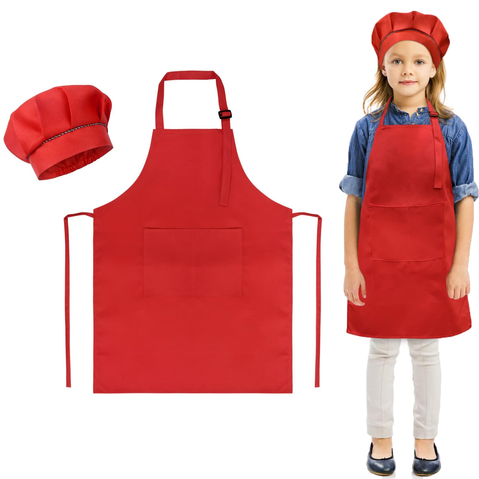 LBOYLOVE Kids Apron and Chef Hat Set, Adjustable Child Aprons with Large Pocket Kitchen Bib Aprons, Children Toddler Chef Hat and Apron for Girls Boys Cooking Baking Painting Kitchen, Red