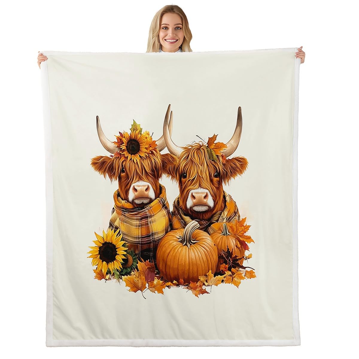Homemissing Highland Cow Fleece Throw Blanket Single 50x60Inch Farmhouse Animals Sherpa Blanket for Bed Sofa Couch Boys Teens Decor Highland Cattle Plush Blanket Fall Pumpkin Fuzzy Blanket Bedroom — image 1