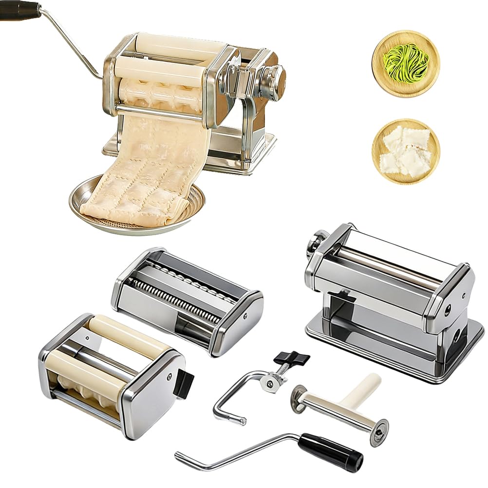 Máquina manual para hacer pasta, rodillo y cortador de pasta de acero inoxidable con ajustes de grosor ajustables, hace lasaña de espagueti, masa de ravioles y envoltorios de albóndigas