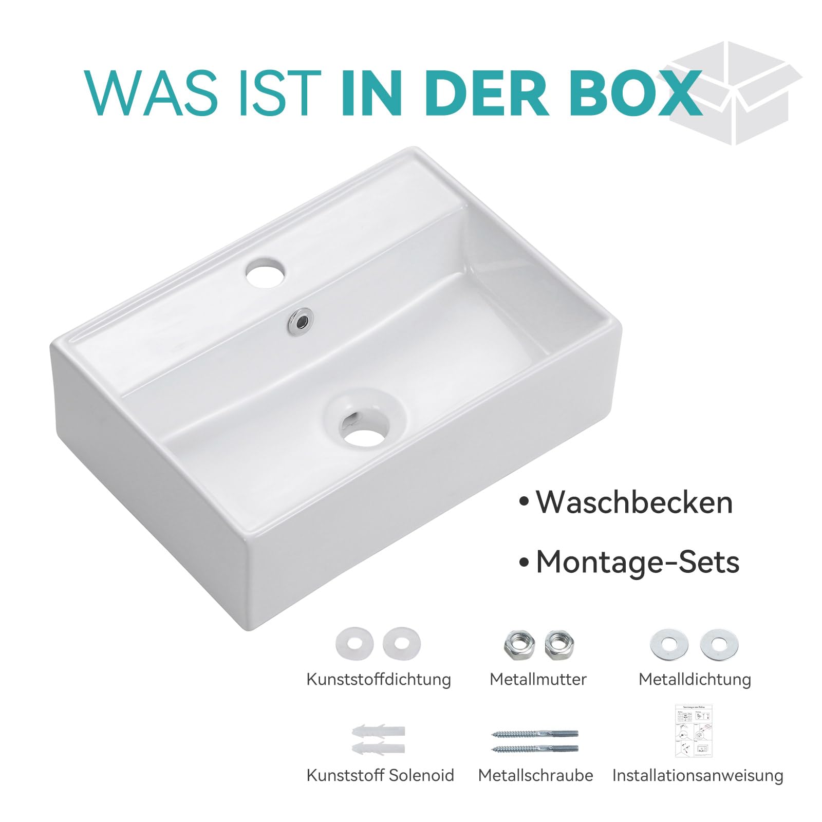 Waschbecken 45 cm Breit Eckig, Aufsatzwaschbecken mit Überlauf, Kleine Waschbecken Gäste WC, Hängewaschbecken Bad aus keramik in Weiß, Mini Waschtisch mit Rand
