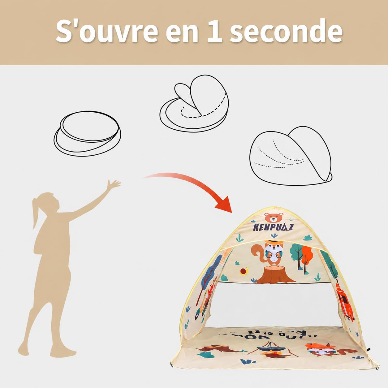 Grande Tente de Plage Pop Up 143x160x120cm – Abri Soleil Anti UV UPF50+ | Protection Enfant & Bébé – Respirant & Imperméable, Portable avec Sac de Rangement et Piquets, Motifs Animaux, Beige