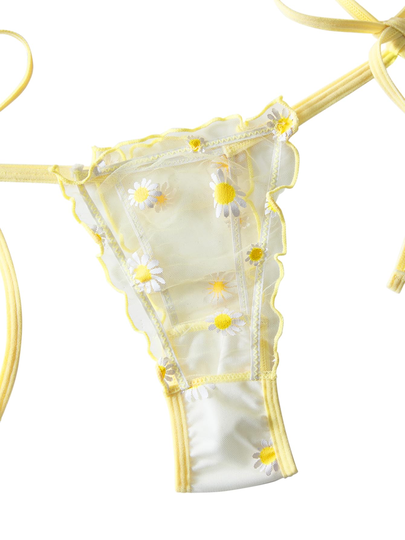Lilosy Sexy Stretch Ruffle Tie Sheer Mesh Lingerie Set Outfits: Small Flower Yellow