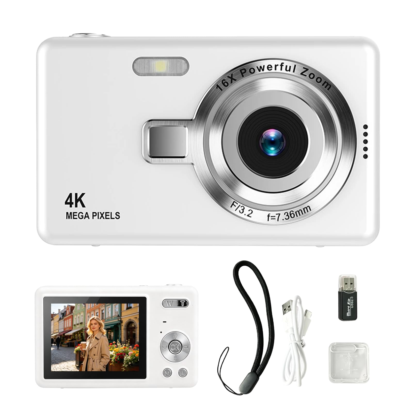 Fotocamera Digitale 2.7K 48MP, Macchina Fotografica Compatta con Zoom Digitale 16X, Fotocamera con Scheda Memoria 64GB, Lettore di Schede e Spillo SIM per Principianti