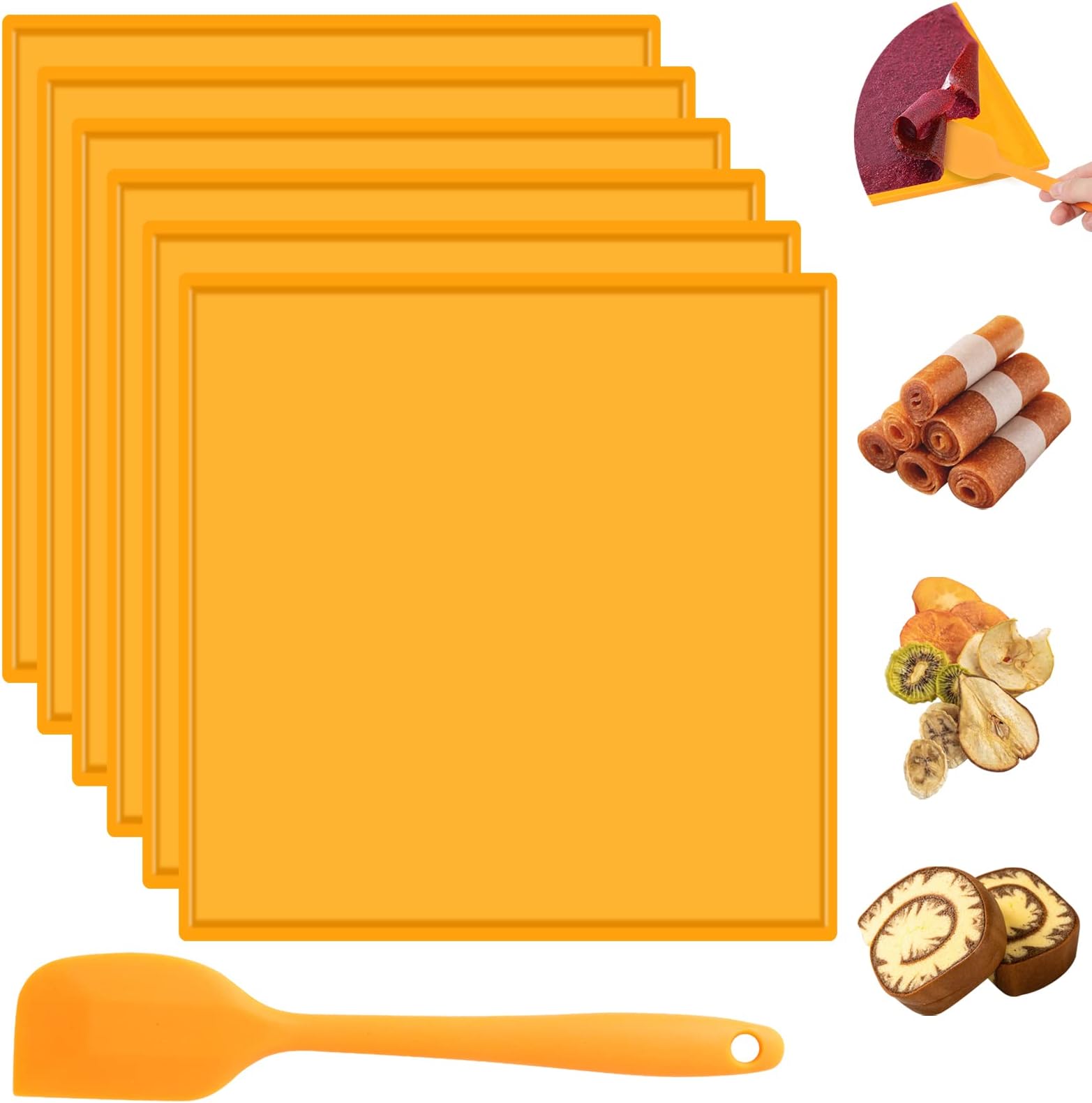 6 Pcs Silicone Dehydrator Sheets for 14" x 14" Trays,Avkast Fruit Leather Trays with Edge Compatible with Excalibur,Non-stick Square Dehydrator Trays for Liquid Meat Vegetables with Spatula - Orange