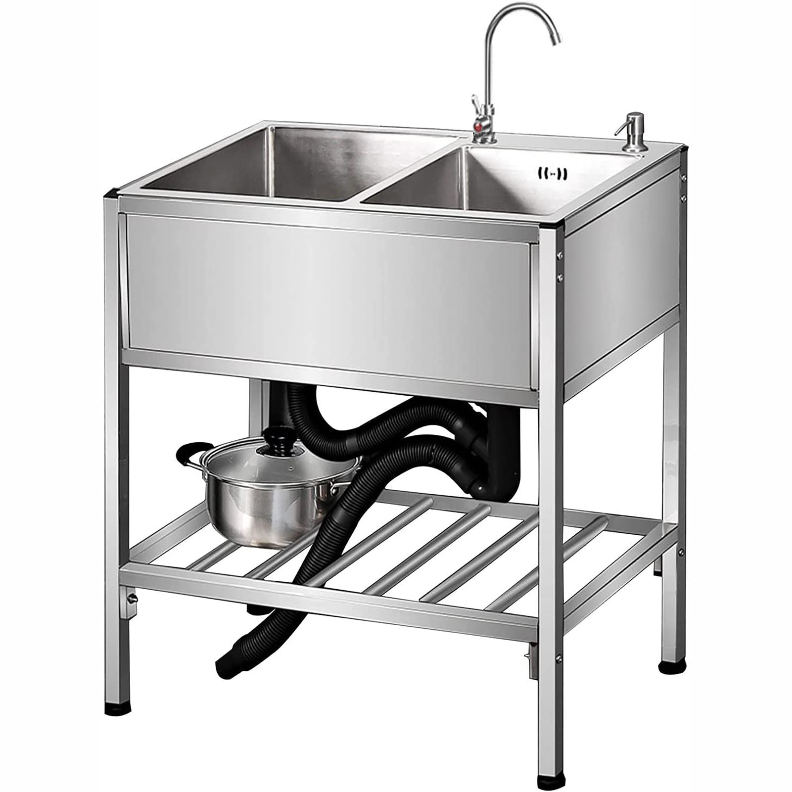 Évier de cuisine commercial double bol inox pour nettoyer facilement grands plats et outils