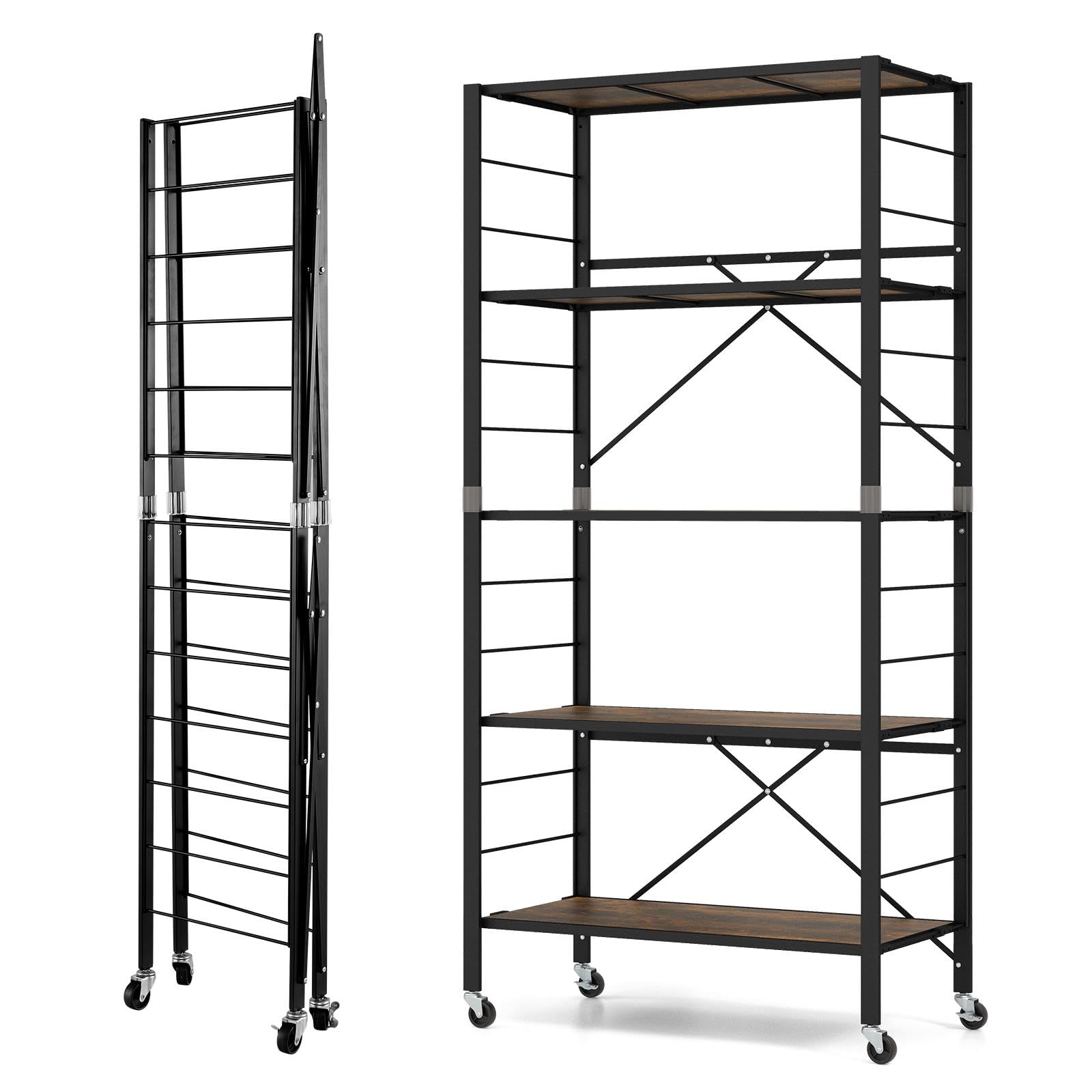 TANGZON 3/4/5 Tiers Foldable Shelving Unit, Metal Frame Adjustable Rolling Storage Cart with Wheels & Anti-tipping Device, Standing Racking Shelves for Kitchen Living Room (Black+Brown, 5-Tier)
